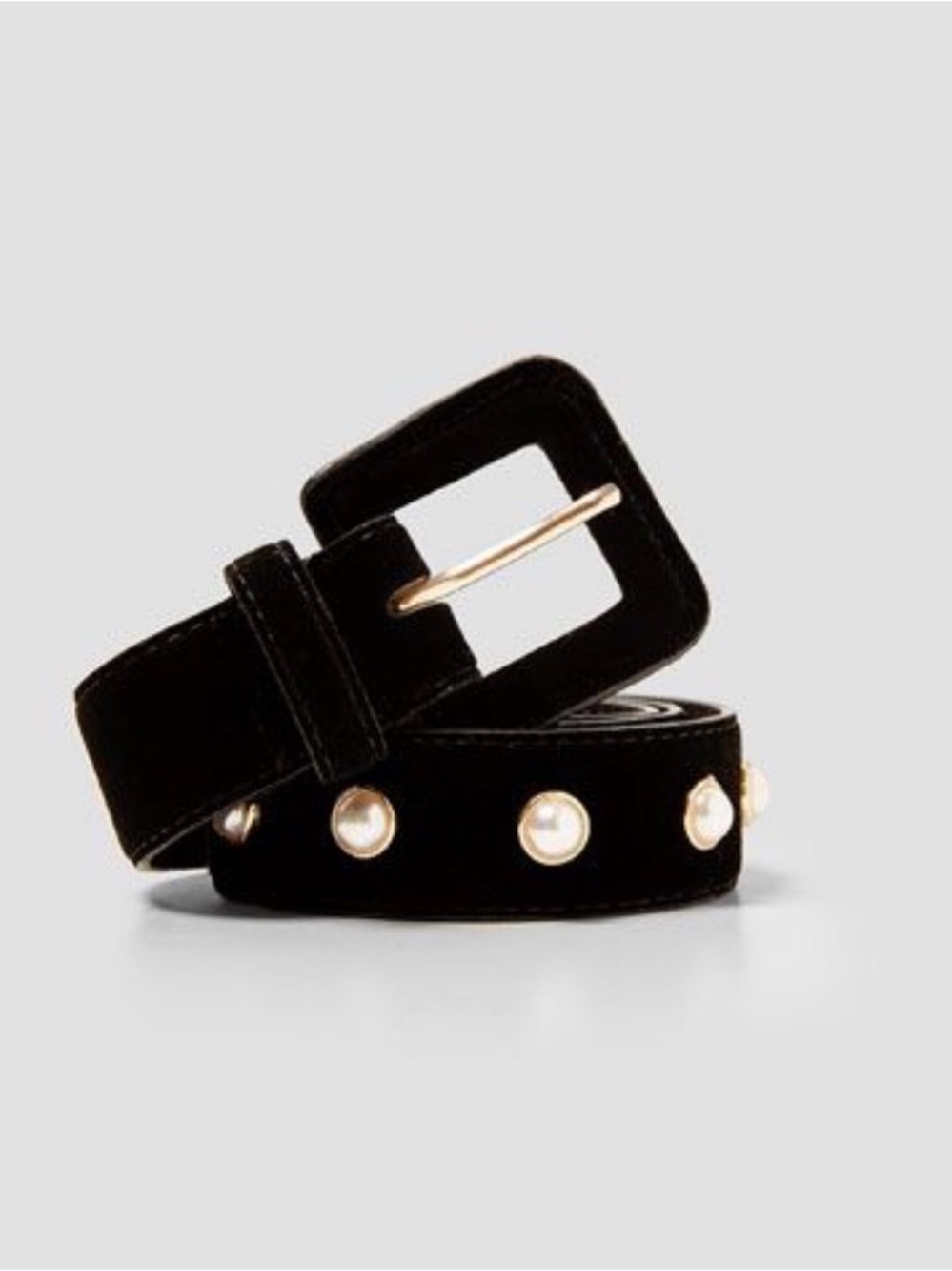 Zara Black Velvet Faux Pearl Studded Belt Gold Buckle Size 34 Medium